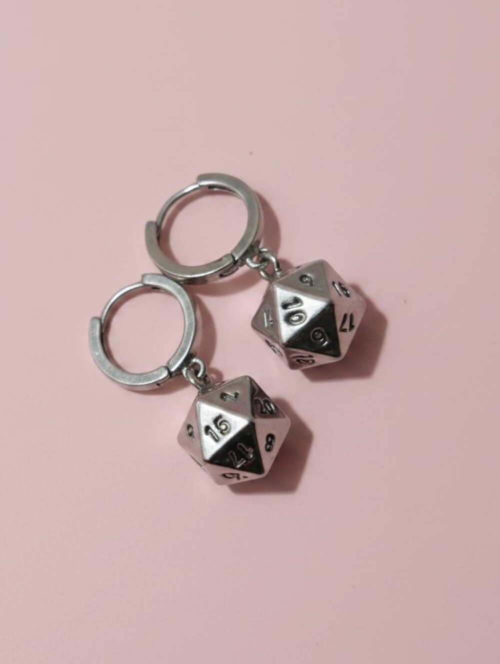 D20 Drop Hoop Earrings - Silver